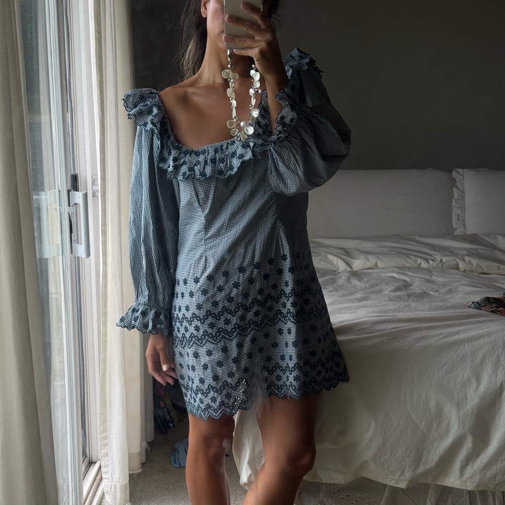 Doen Franique Dress - Navy and White Embroidered Gingham